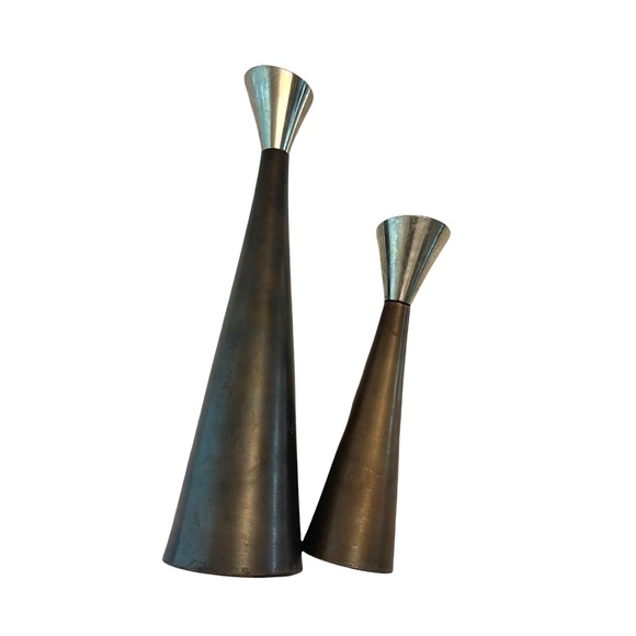 Vintage MCM Brutalist Metal Candlestick Holders Silver Asymmetrical Simple - Picture 3 of 4